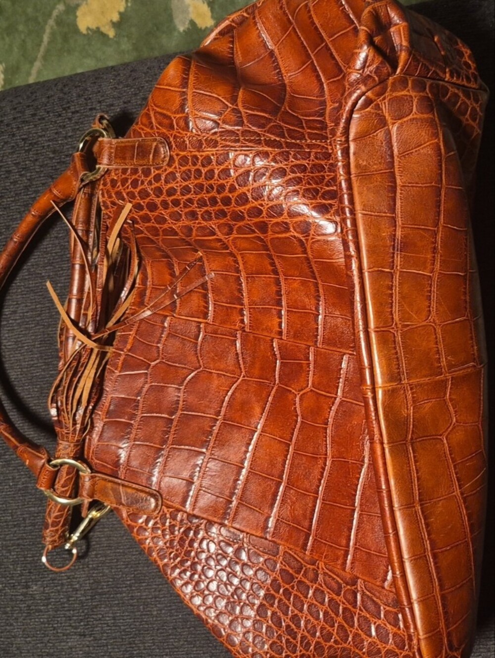 Structured Croc-Embossed Tote Bag in Cognac Brown - Women's Handbag